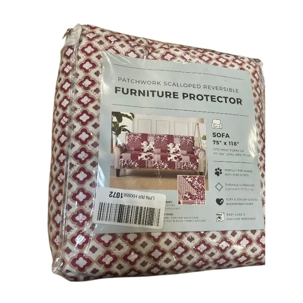 NEW Great Bay Home Patchwork Scalloped Sofa Cover – Burgundy, 75”x118”